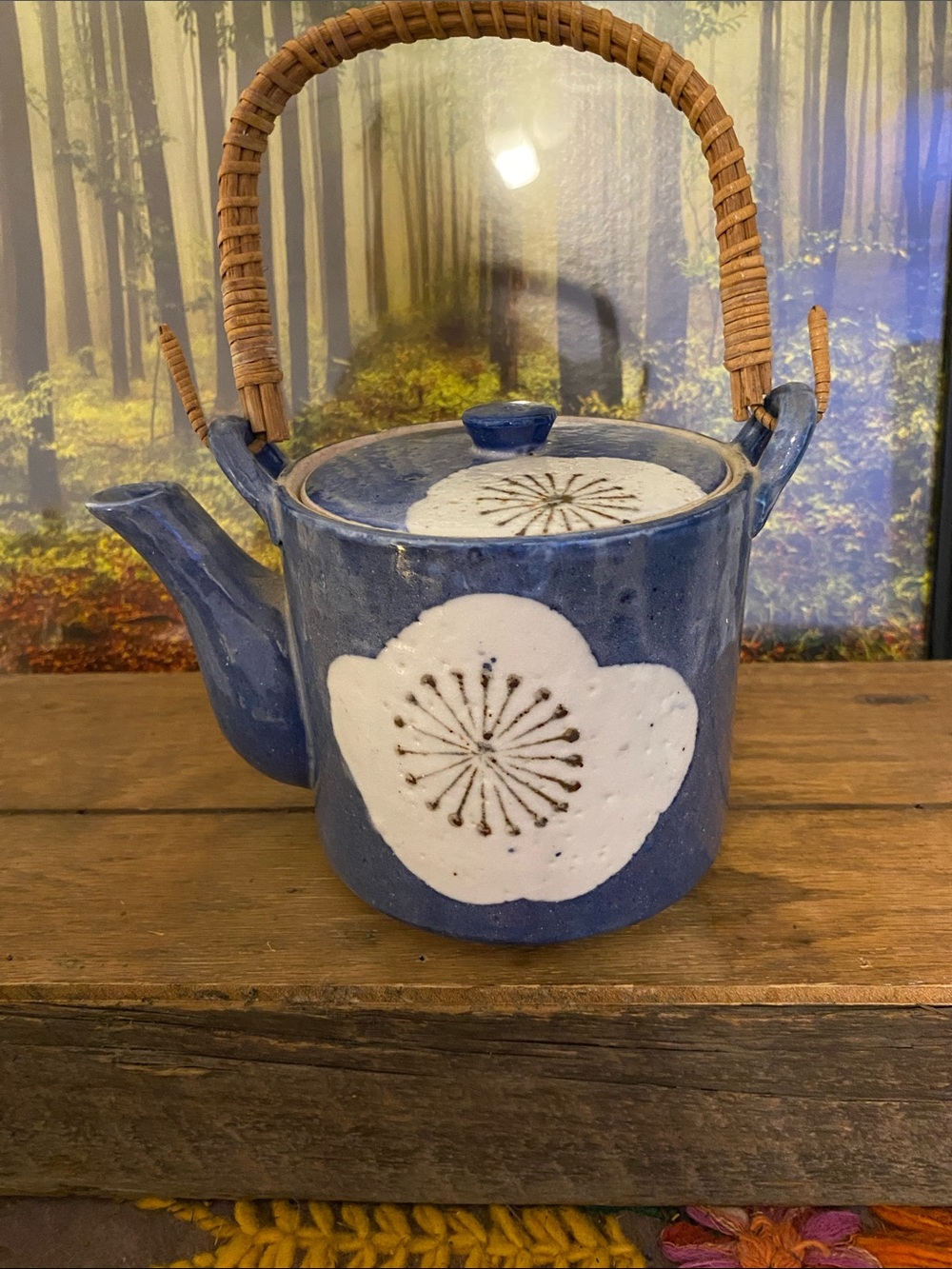 Blue Ceramic Teapot with White Floral Accent - Home Art